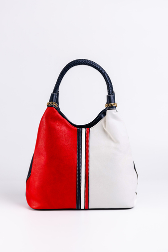 BONLUO Modro-červeno-biela kabelka z imitácie kože so zapleteným remienkom