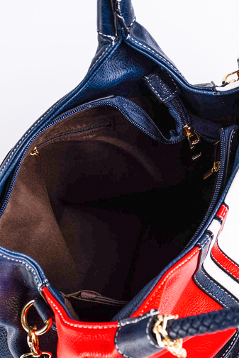 BONLUO Modro-červeno-biela kabelka z imitácie kože so zapleteným remienkom