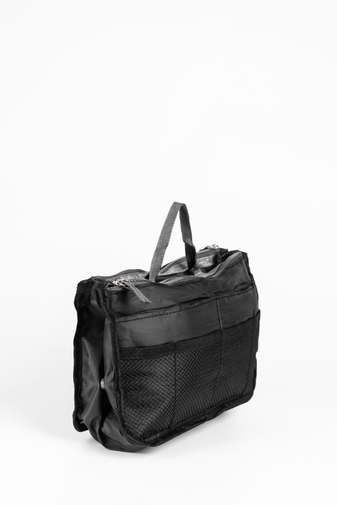 Čierna kozmetická cestovná taška s organizérom zo sieťoviny