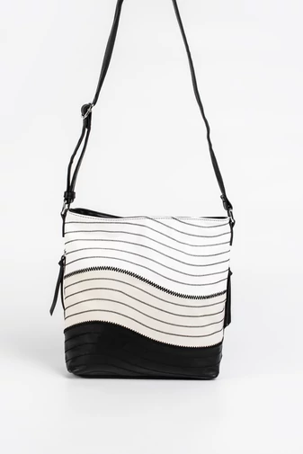 BONLUO čierno-biela ekologická kožená crossbody kabelka s ozdobným prešívaním