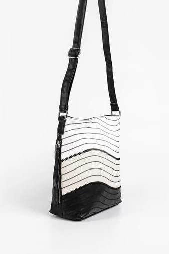 BONLUO čierno-biela ekologická kožená crossbody kabelka s ozdobným prešívaním
