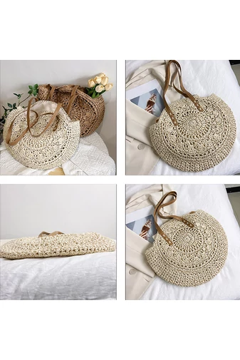Bonluo ručne vyrábaná okrúhla letná svetlobéžová dámska taška cez rameno (40*45*3cm)