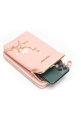 Bonluo malá Crossbody kabelka/ Peňaženka s vyšívanými čerešňovými kvetmi, umelá koža, Veľkosť 19*11*5cm