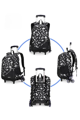 Bonluo Sada trojkolesového batohu s čiernym vzorom písmen s odnímateľnou rukoväťou/ crossbody taškou a mini puzdrom na ceruzky (3ks)