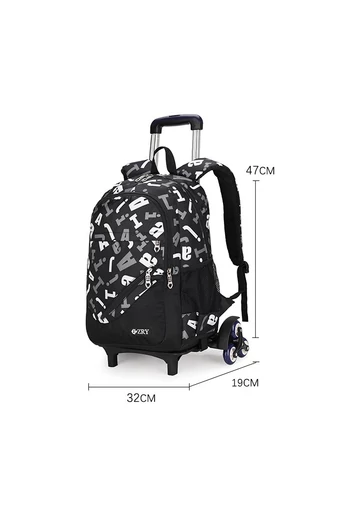 Bonluo Sada trojkolesového batohu s čiernym vzorom písmen s odnímateľnou rukoväťou/ crossbody taškou a mini puzdrom na ceruzky (3ks)