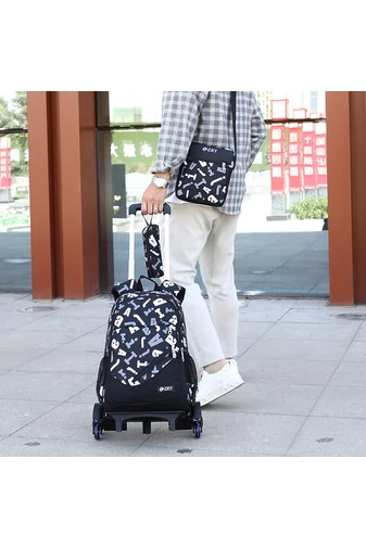 Bonluo Sada trojkolesového batohu s čiernym vzorom písmen s odnímateľnou rukoväťou/ crossbody taškou a mini puzdrom na ceruzky (3ks)