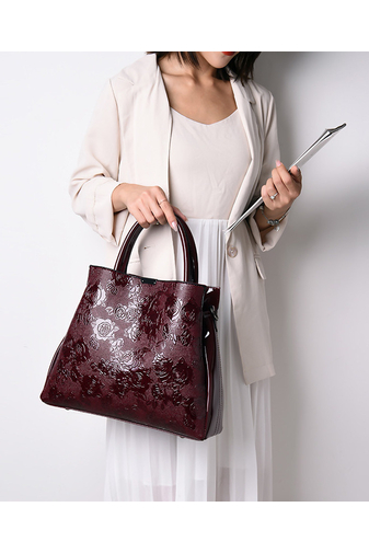 Bonluo Súprava vínovej kabelky a peňaženky so vzorom ruží z umelej kože Veľkosť (33*27*10cm) (2 ks)