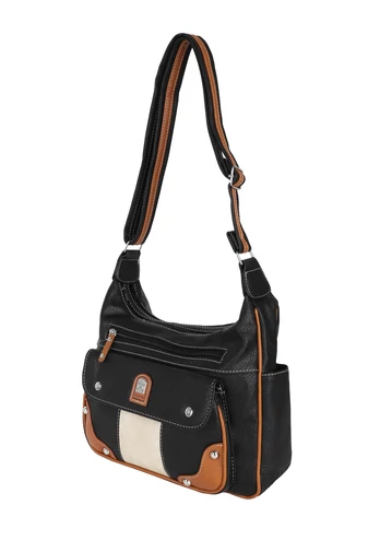 Crossbody/ramenná kabelka z umelej kože v čierno/hnedej farbe