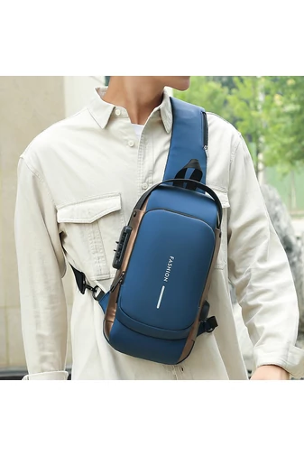 Bonluo zlato/modrá crossbody taška z imitácie kože s bezpečnostným zámkom (33*19*9cm)