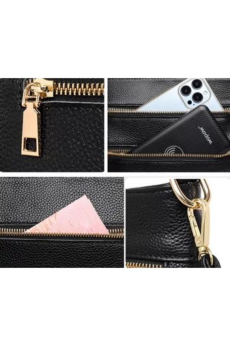 Čierna crossbody kabelka Bonluo z prírodnej kože (26*27*7cm) s dvomi popruhmi v cene