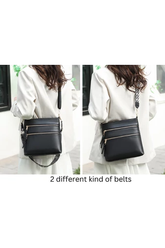 Čierna crossbody kabelka Bonluo z prírodnej kože (26*27*7cm) s dvomi popruhmi v cene
