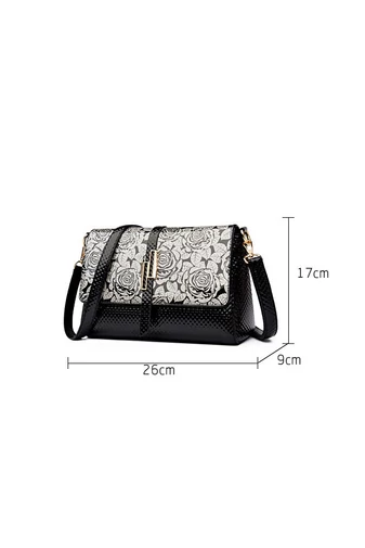 Čierna Crossbody kabelka Bonluo z lakovanej kože so vzorom ruží Veľkosť 17*26*9cm