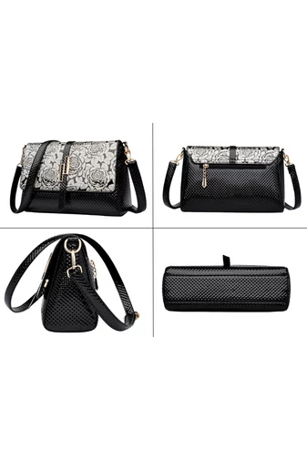 Čierna Crossbody kabelka Bonluo z lakovanej kože so vzorom ruží Veľkosť 17*26*9cm
