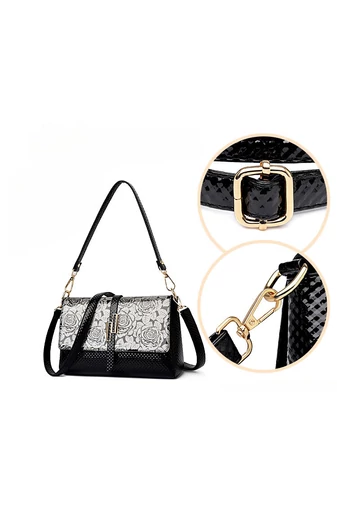 Čierna Crossbody kabelka Bonluo z lakovanej kože so vzorom ruží Veľkosť 17*26*9cm