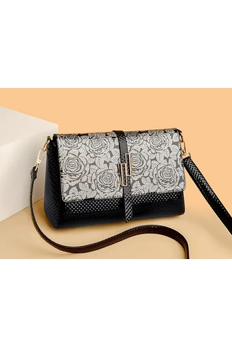 Čierna Crossbody kabelka Bonluo z lakovanej kože so vzorom ruží Veľkosť 17*26*9cm