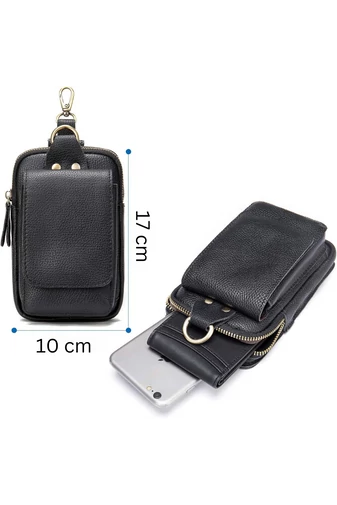 Čierna pravá kožená kapsička na opasok/veľkosť tašky s otvorom (17*10,5*2,5cm) Bonluo