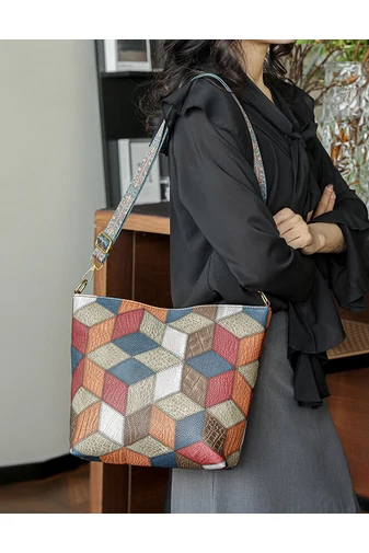 Modrá taška cez rameno s farebným vzorom z imitácia kože Veľkosť 26*33*12cm Bonluo