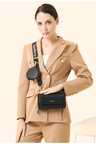 Čierna Crossbody kabelka/peňaženka 2v1 Bonluo z imitácie kože pripojenou mini peňaženkou veľkosť 11*19*7cm