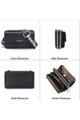 Čierna Crossbody kabelka/peňaženka 2v1 Bonluo z imitácie kože pripojenou mini peňaženkou veľkosť 11*19*7cm