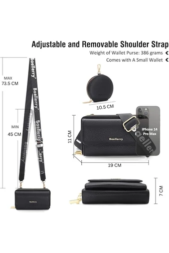 Čierna Crossbody kabelka/peňaženka 2v1 Bonluo z imitácie kože pripojenou mini peňaženkou veľkosť 11*19*7cm