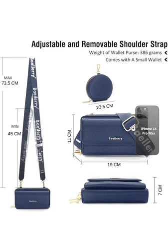 Tmavomodrá Crossbody kabelka/peňaženka 2v1 Bonluo z imitácie kože pripojenou mini peňaženkou veľkosť 11*19*7cm