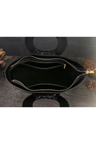 Čierna elegantná kabelka s kvetinovým dizajnom a s kruhovou rukoväťou, z delenej hovädzej kože Veľkosť (23*33,5*12cm)