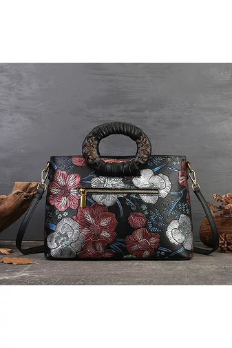 Čierna elegantná kabelka s kvetinovým dizajnom a s kruhovou rukoväťou, z delenej hovädzej kože Veľkosť (23*33,5*12cm)