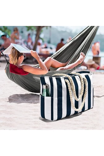 Plátená Plážová Taška Vodotesná s Modrým a Bielym Pruhovaním Bonluo 35*50*16 cm