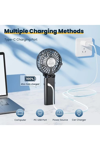 Prenosný Ventilátor Čierny 2v1 USB nabíjacia powerbanka, sklopná o 180°, ideálne na cestovanie