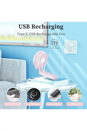 Prenosný Ventilátor Ružový 2v1 USB nabíjacia powerbanka, sklopná o 180°, ideálne na cestovanie