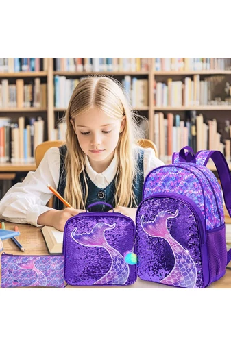 Školský Set Pre Dievčatá s Motívom Morskej Panny, Ozdobený Flitrami, Tmavofialová Farba (3ks)