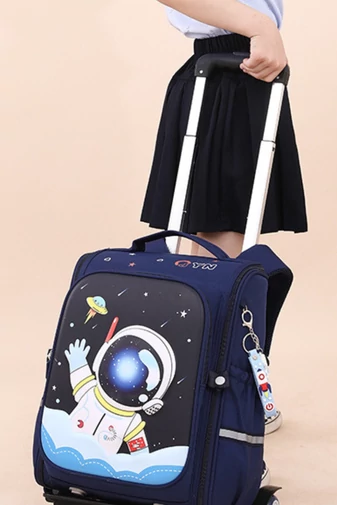 Detský Ruksak na Kolieskach s Motívom Astronauta, Odnímateľnou Rukoväťou z Odolného Polyesteru, Modrý 37×38×18cm