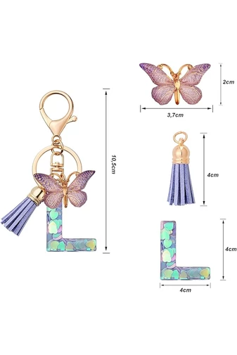 Elegantný prívesok na kľúče s fialovým písmenom „L“, ozdobený motýlikom