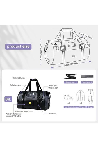 Cestovná Taška z Nepremokavého PVC s Veľkou Kapacitou 66 l, Čierna 43×61×27cm