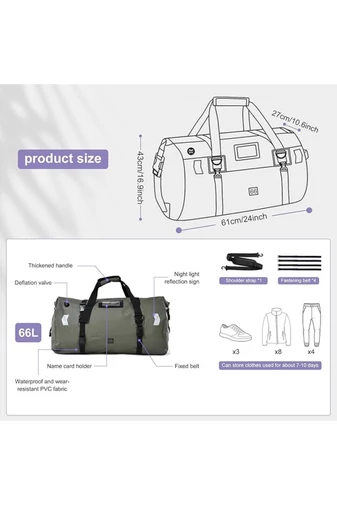 Cestovná Taška z Nepremokavého PVC s Veľkou Kapacitou 66 l, Khaki-Zelená 43×61×27cm