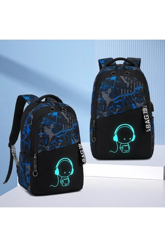 Školský Batoh s Fosforeskujúcim Dizajnom a Figúrkou s Veľkou Kapacitou, USB Portom, Čierno-Tmavomodrý 47×36×22cm