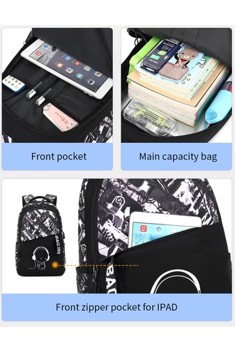 Školský Batoh s Fosforeskujúcim Dizajnom a Figúrkou s Veľkou Kapacitou, USB Portom, Čierno-Tmavomodrý 47×36×22cm