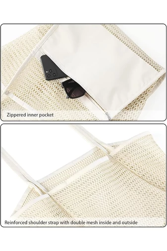 Plážová Taška zo sieťoviny z Oxford tkaniny, Skladacia, Ľahká, Veľká kapacita Béžová 37*35*14cm Bonluo