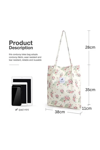 Plátenná Taška na voľný čas Priestranná odolná a elegantná Bonluo Béžová s Kvetmi 38*35*11cm