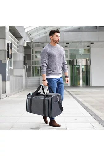 Rozšíriteľná Taška pre domáce zvieratá, Oxford materiál s ventiláciou,skladacia Šedá s Modrým 48*30*31