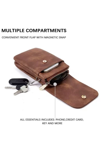 Crossbody Kabelka z PU kože s Viacerými Vreckami a Nastaviteľným Popruhom, Bonluo Tmavohnedá 20×13×3cm