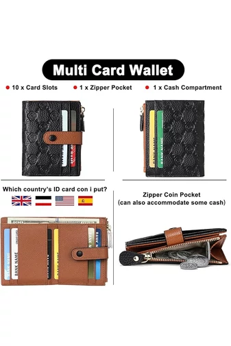 Dámska Peňaženka z Pravej Kože s RFID Ochranou, 10 Priehradok na Karty, Čierno-Hnedá, Bonluo 11,7×9×1,2cm