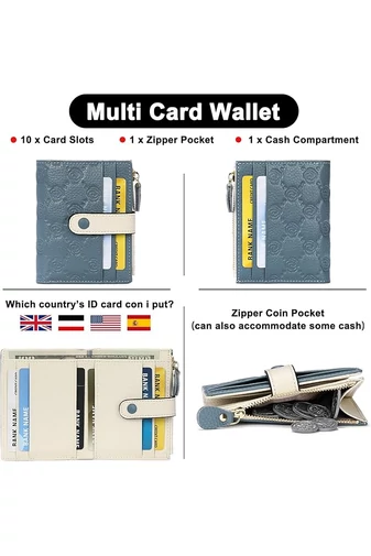 Dámska Peňaženka z Pravej Kože s RFID Ochranou, 10 Priehradok na Karty, Modro-Biela, Bonluo 11,7×9×1,2cm