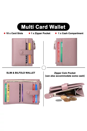 Dámska Peňaženka z Pravej Kože s RFID Ochranou, 10 Priehradok na Karty, Fialová, Bonluo 11,7×9×1,2cm