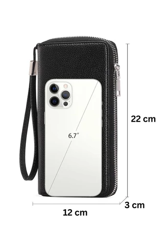 Dámska Multifunkčná Peňaženka z PU kože so zipsom a remienkom na zápästie Bonluo Čierna 22×12×3cm
