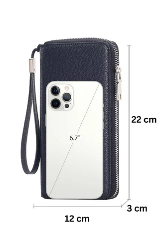 Dámska Multifunkčná Peňaženka z PU kože so zipsom a remienkom na zápästie Bonluo Tmavomodrá 22×12×3cm