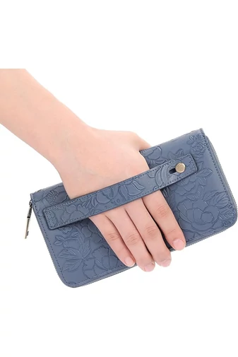 Dámska Multifunkčná Peňaženka z PU Kože s Reliéfnym Kvetinovým Vzorom, Bonluo Modrá 19,5×11×5cm