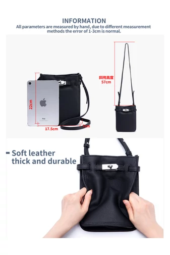 Crossbody Kabelka z Pravej Kože s Praktickým Dizajnom a Nastaviteľným Popruhom, Bonluo Čierna 22×17,5×7cm