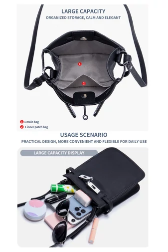 Crossbody Kabelka z Pravej Kože s Praktickým Dizajnom a Nastaviteľným Popruhom, Bonluo Čierna 22×17,5×7cm