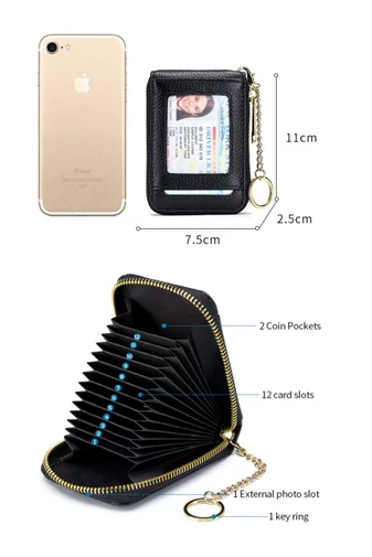 Držiak na Karty z Pravej Kože s RFID Ochranou, Čierny, Bonluo 11×7,5×2,5cm